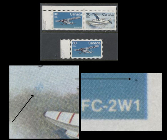 Lot 342 Canada #969var, 970avar 30c Multicoloured Fairchild FC-2W1 & De Havilland Canada Beaver, 1982 Bush Aircraft Issue, A VFNH Single & UL Partial Inscription Pair, With Black Dot Above "1" and Blue Cloud (Pos. 2) Varieties, NF/NF Paper