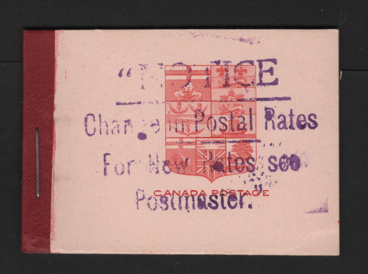 Lot 344 Canada SC#BK5f 2c Carmine Red King George V, 1911-1928 Admiral Issue, A Fine  NH Complete Booklet Containing 2 Panes of 6, Paper/Gum Type ABN-B, Postal Rate Change Overprint, Emblem On Cover Is Carmine