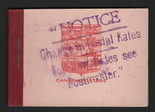 Lot 345 Canada SC#BK5f 2c Carmine Red King George V, 1911-1928 Admiral Issue, A Fine  NH Complete Booklet Containing 2 Panes of 6, Paper/Gum Type ABN-B, Postal Rate Change Overprint, Emblem On Cover Is Bright Carmine