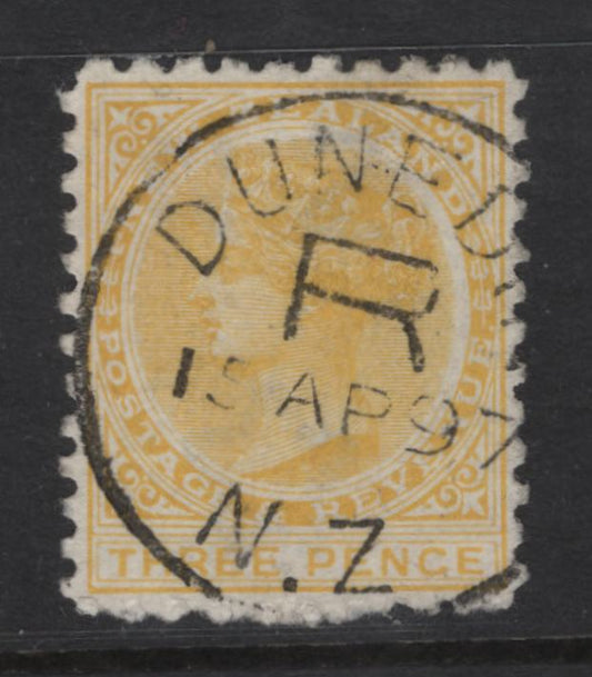 Lot 345 New Zealand (C) SG#231 3d Lemon Yellow Queen Victoria, 1895-1897 Second Sideface Issue, A Very Fine Used Single, Perf 10x11, Lovely SON April 15 1897 Dunedin Registered Cancel