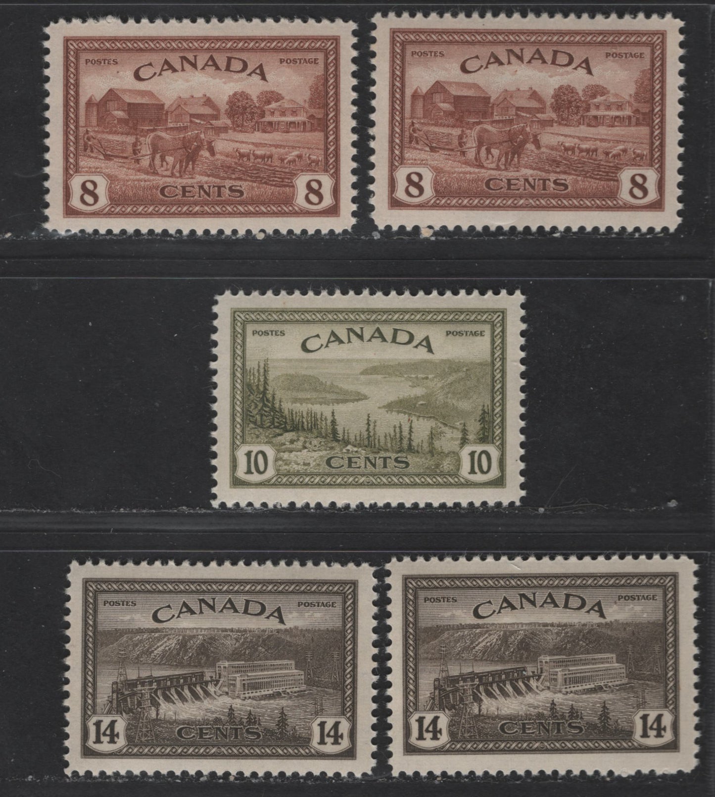 Lot 345 Canada #268-270 8c-14c Red Brown - Olive Green Farm Scene - Hydroelectric Station, 1946-1951 Peace Issue, 5 VFNH Singles Different Shades, Horizontal Ribbed Paper, Satin Cream Gum