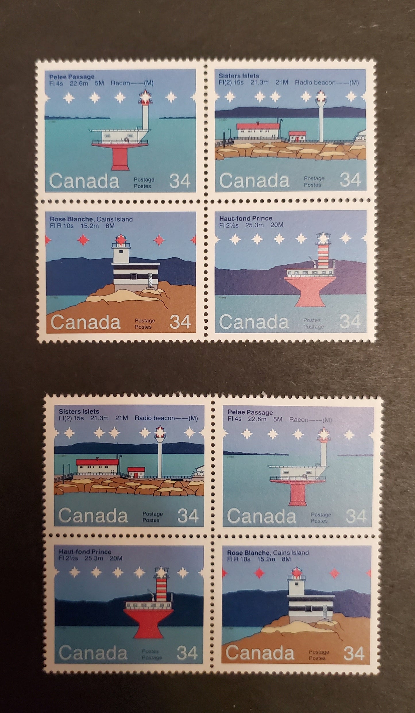 Canada #1066a 34c Multicoloured Pelee Passage - Haut-fond Prince, 1985 Canadian Lighthouses Issue, 2 VFNH Se-Tenant Blocks of 4 F/HF8 and F/MF7 Rolland Papers