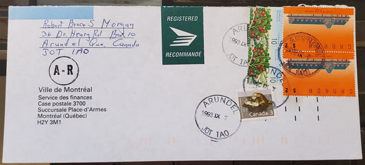 Canada #1157, 1182iii, 1354 3c, 10c, $2 Multicoloured Muskrat, Kinnickinnick, McAdam Railway, 1987-1991 Mammal & Architecture Issue, A VF  Cover Combination Usage To Pay $4.23 Domestic Registered, AR Rate