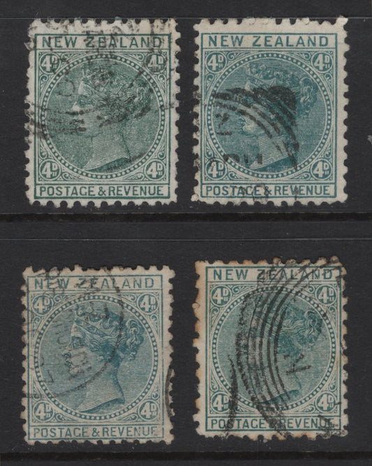 Lot 346 New Zealand (C) SG#199, 241-a, 222 4d Green & Bluish Green Queen Victoria, 1882-1900 Second Sideface Issue, 4 Very Fine Used Singles, Perfs 12x11.5, 11 & 10, Some Toning On The Perf 10