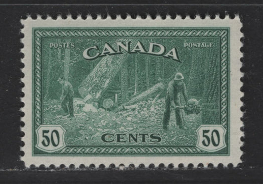 Lot 110 Canada #272 50c Deep Green Logging, 1946-1951 Peace Issue, A VFNH Single With Cream Gum On Vertical Wove Paper With Light Horizontal Mesh