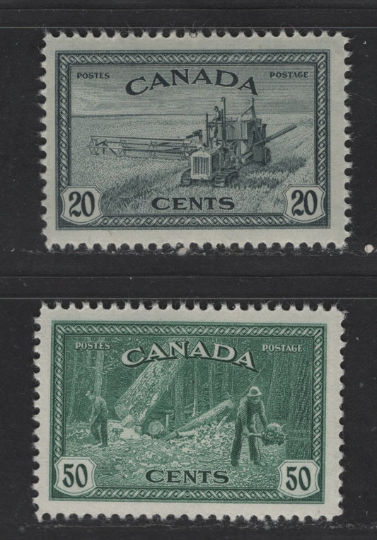 Lot 113 Canada #271-272 20c-50c Greenish Slate & Bluish Green Harvester & Logging, 1946-1951 Peace Issue, 2 VFNH Singles On Horizontal Ribbed Paper With Cream Semi-Gloss Gum