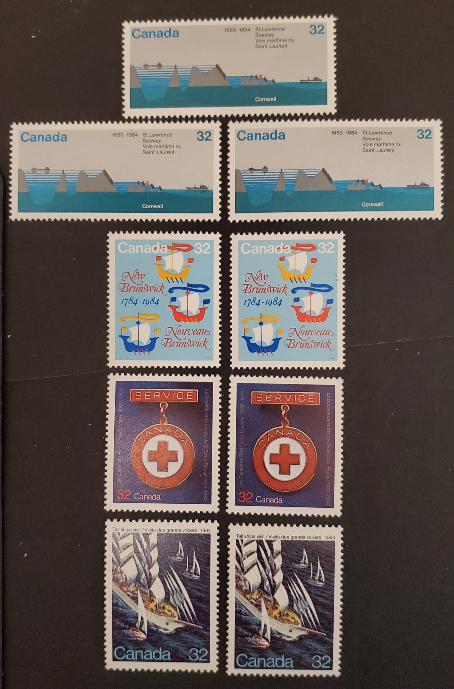 Canada #1012-1015 32c Multicoloured Various Designs, 1984 Red Cross - St. Lawrence Seaway Issue, 9 VFNH Singles LF/DF1, LF/DF2, LF/NF, DF/LF, & DF/DF Harrison And NF/DF1, NF/DF2 & NF/NF Clark Papers