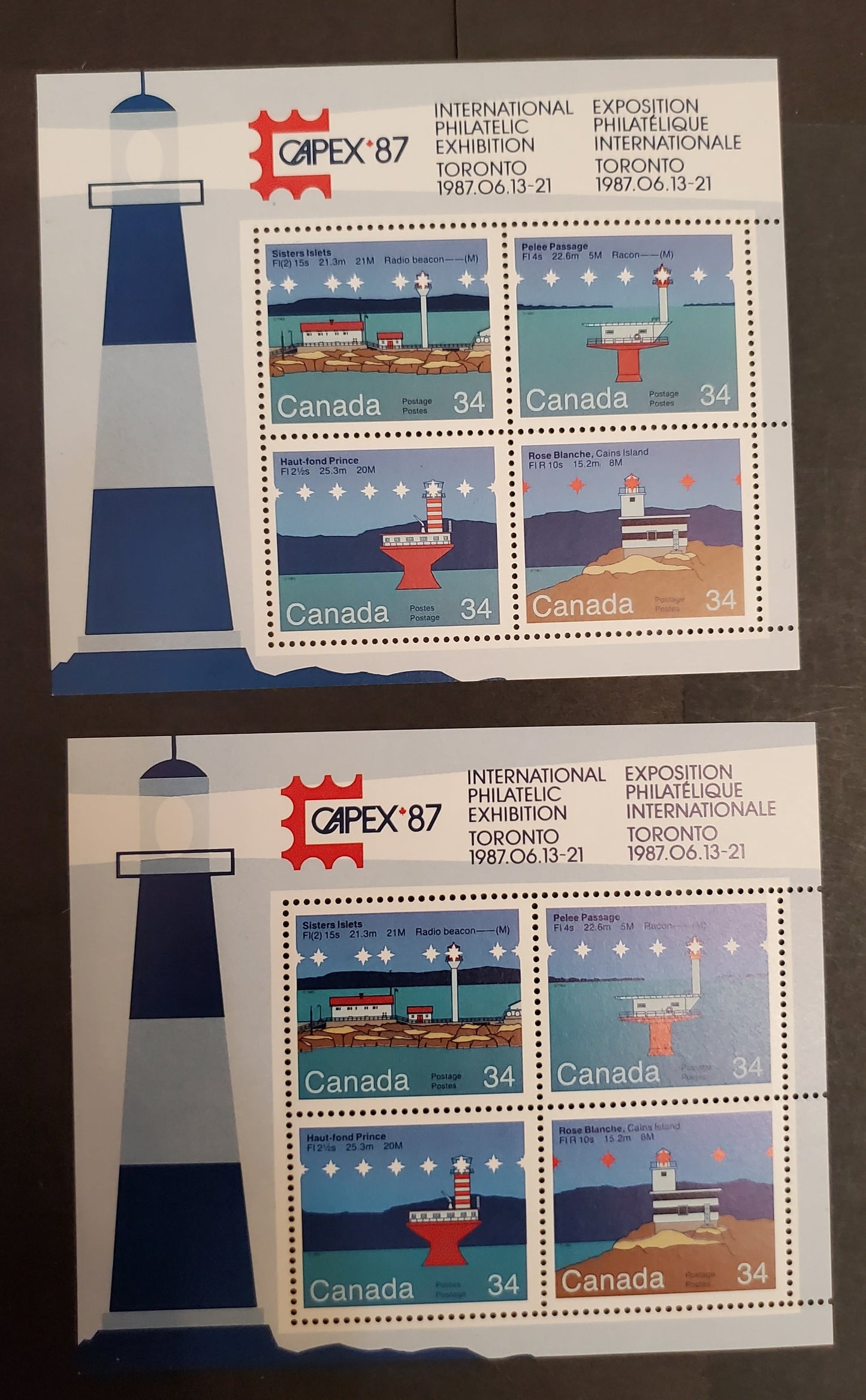 Canada #1066b 34c Multicoloured Pelee Passage - Haut-fond Prince, 1985 Canadian Lighthouses Issue, 2 VFNH Se-Tenant Blocks of 4 HF/HF-fl Rolland Paper, Two Shades Of Rocks & Water