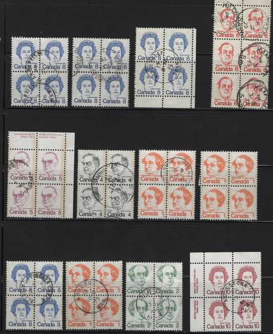 Canada #586/593vi 1c-8c Orange - Royal Blue Macdonald - Queen Elizabeth II, 1973-1978 Caricature Issue, 12 VF Used Blocks of 4 & 6 With In-Period CDS Town Cancels, Various Papers