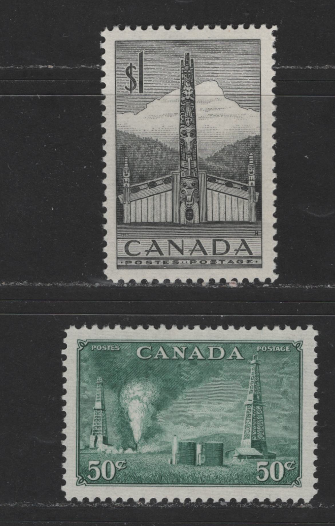 Lot 110 Canada #294, 321 50c-$1 Deep Dull Bluish Green & Grey-Black Oil Wells & Totem Pole, 1950-1953 Natural Resources & Karsh Issue, 2 VFOG Singles On Horizontal Ribbed Paper With Cream Semi-Gloss Gum