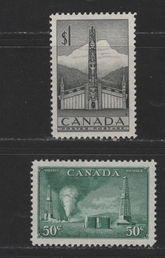 Lot 110 Canada #294, 321 50c-$1 Deep Dull Bluish Green & Grey-Black Oil Wells & Totem Pole, 1950-1953 Natural Resources & Karsh Issue, 2 VFOG Singles On Horizontal Ribbed Paper With Cream Semi-Gloss Gum