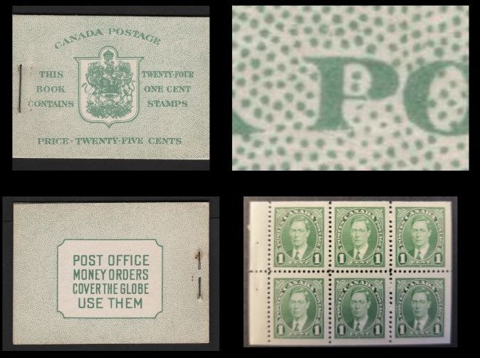 Lot 349 Canada SC#BK28c 1c Green 1938-1942 Mufti Issue, A Fine NH Complete Booklet Containing 4 Panes of 6, Paper/Gum Type CBN-N, Harris Front Cover Type IIb, 6c Airmail Rate Page, Broken "P" Of Postage, Diagonal Gum Bend On All 4 Panes