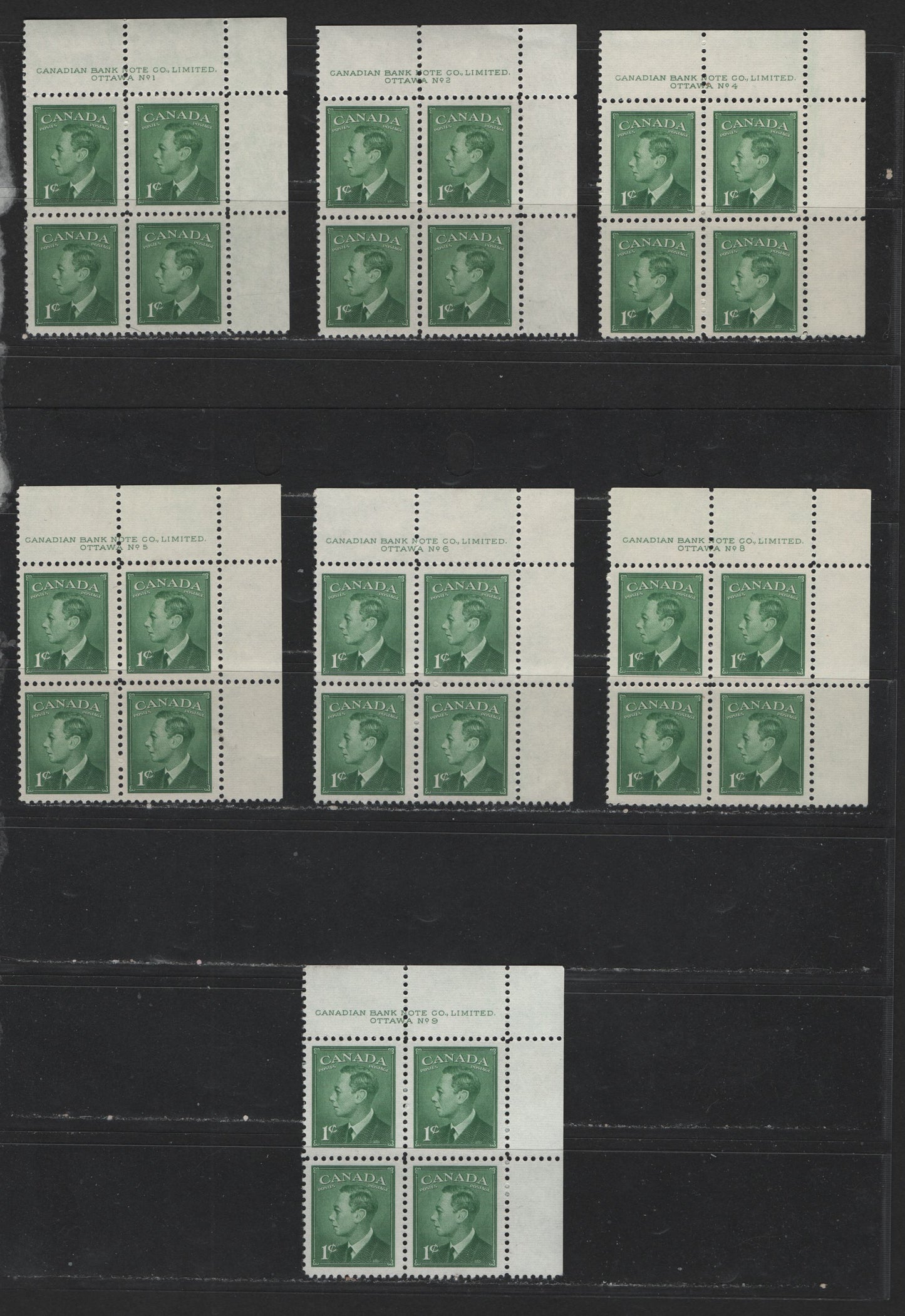 Lot 117 (C) Canada #284 1c Green King George VI, 1949-1952 Postes-Postage Issue,  VFNH UL Plate Blocks Plates 1-2, 4-6, 8-9