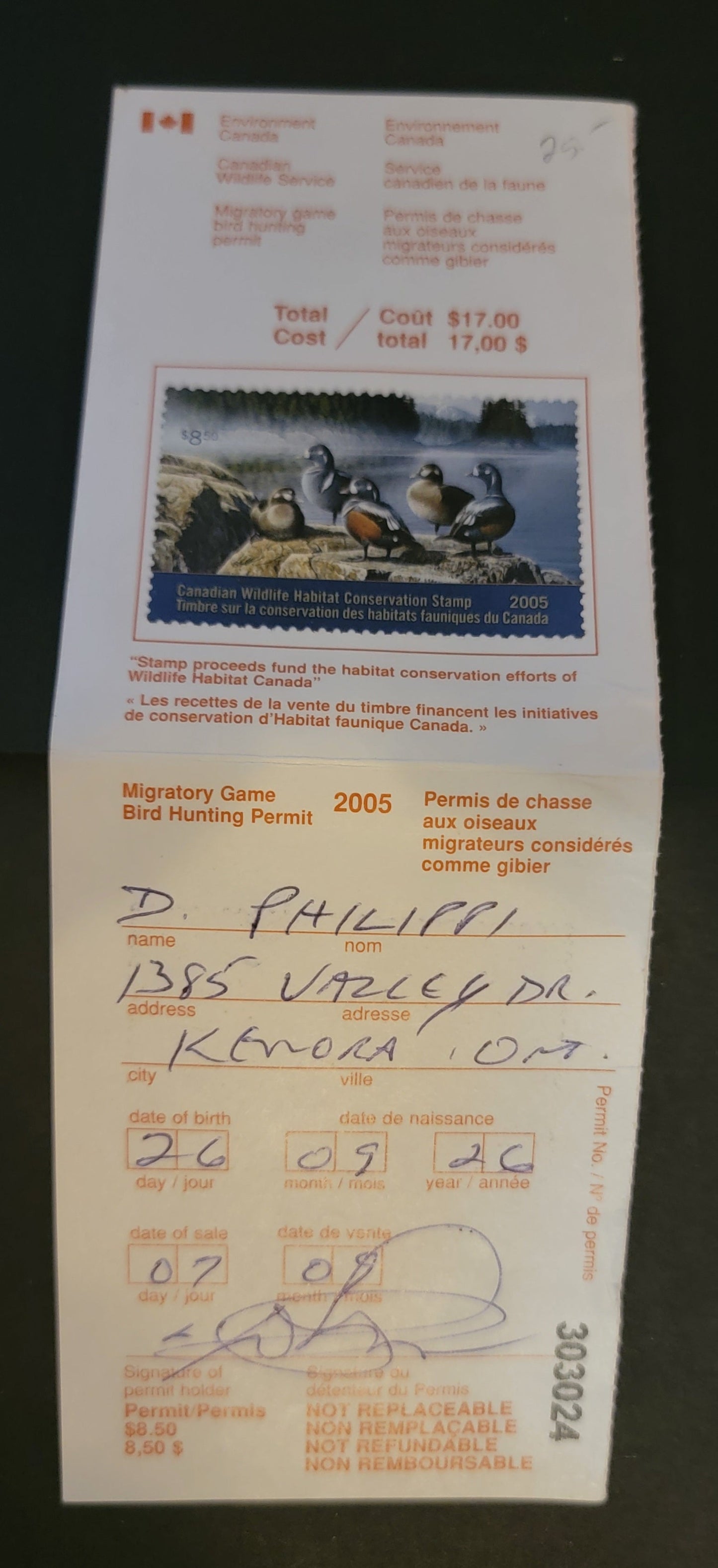 Lot 350 Canada  #FWH21 8.5 Multicoloured Harlequin Ducks, 2005 Federal Wildlife Habitate Conservation Issue, A VF Used Single Used On Complete Licence Stamp On DF Paper