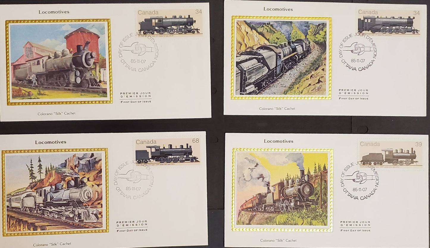 Lot 350 Canada #1071-1074 34c, 39c & 68c Multicoloured Various Trains, 1985 Locomotives Issue, 4 VF Colorano Silk FDC's