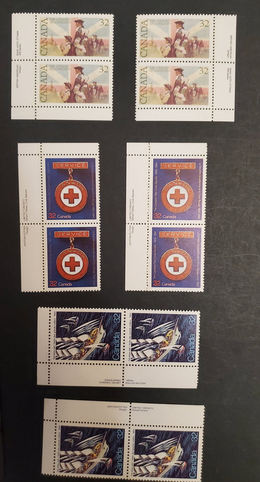 Canada #1012, 1013, 1028 32c Multicoloured Various Designs, 1984 Tall Ships Visit - United Empire Loyalists Issues, 6 VFNH Inscription Pairs LF/DF1, LF/NF Harrison & NF/DF1, NF/NF Clark Papers