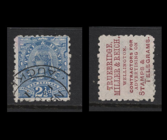 Lot 350 New Zealand (C) SG#220e 2.5d Blue Queen Victoria, 1891-1895 Second Sideface Issue, A Very Fine Used Single, Perf 10x11, Brown Purple Advert From The 3rd Setting