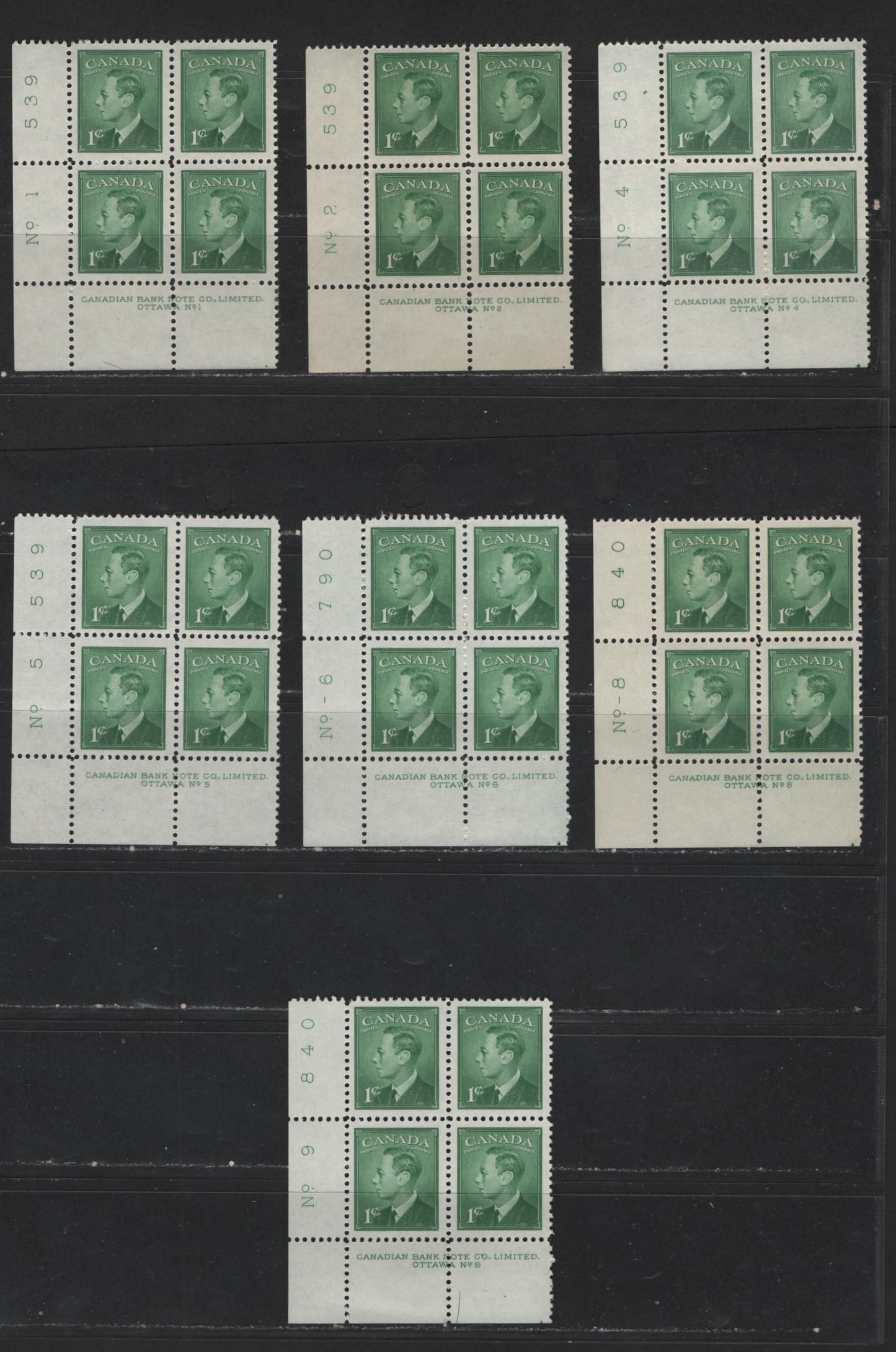 Lot 118 (C) Canada #284 1c Green King George VI, 1949-1952 Postes-Postage Issue,  VFNH UL Plate Blocks Plates 1-2, 4-6, 8-9