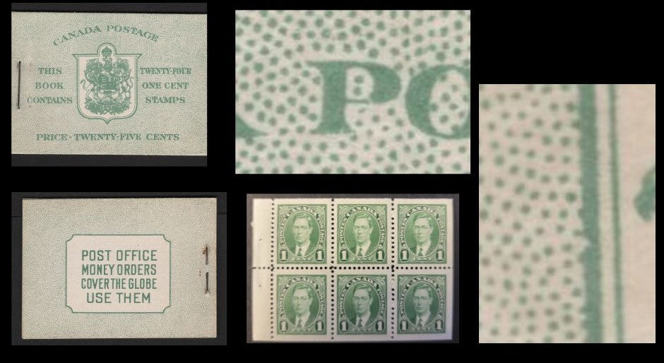 Lot 351 Canada SC#BK28c 1c Green, 1938-1942 Mufti Issue, A Fine NH Complete Booklet Containing 4 Panes of 6, Paper/Gum Type CBN-N, Harris Front Cover Type IIb, 6c Airmail Rate Page, Large Notch In Outer Frameline Of Shield At Left, Likely Constant