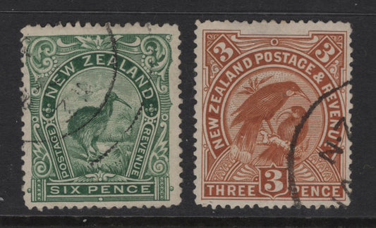 Lot 352 New Zealand (C) SG#251, 254 3d - 6d Yellow Brown - Green Huia - Brown Kiki, 1898 Pictorial Issue, 2 Very Fine Used Singles, Unwatermarked, Perf 12-16