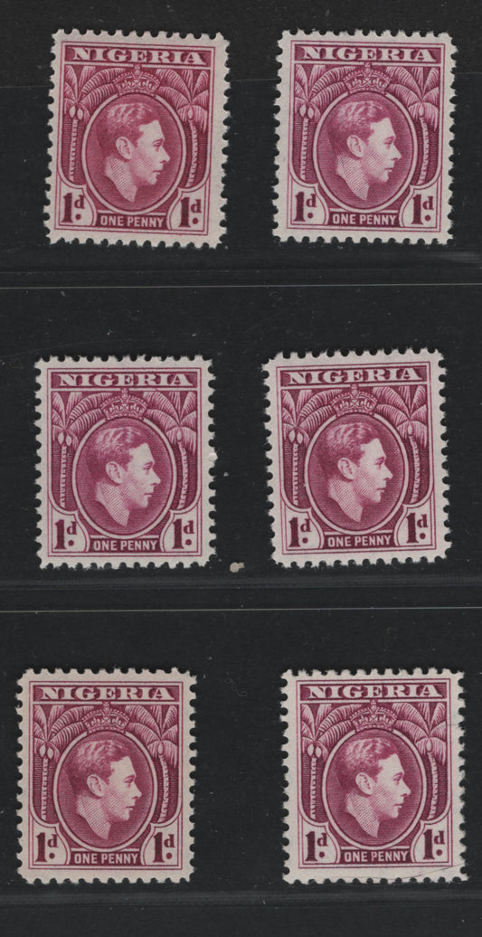 Nigeria #65var (SG#50bvar) 1d Mauve Purple - Deep Mauve Purple King George VI, 1938-1952 King George VI Definitive Issue, 6 Fine & VF NH Singles, Line Perf 12, Dec. 1944, Oct. 1947, Aug. 1948 And 1948-1949 Printings