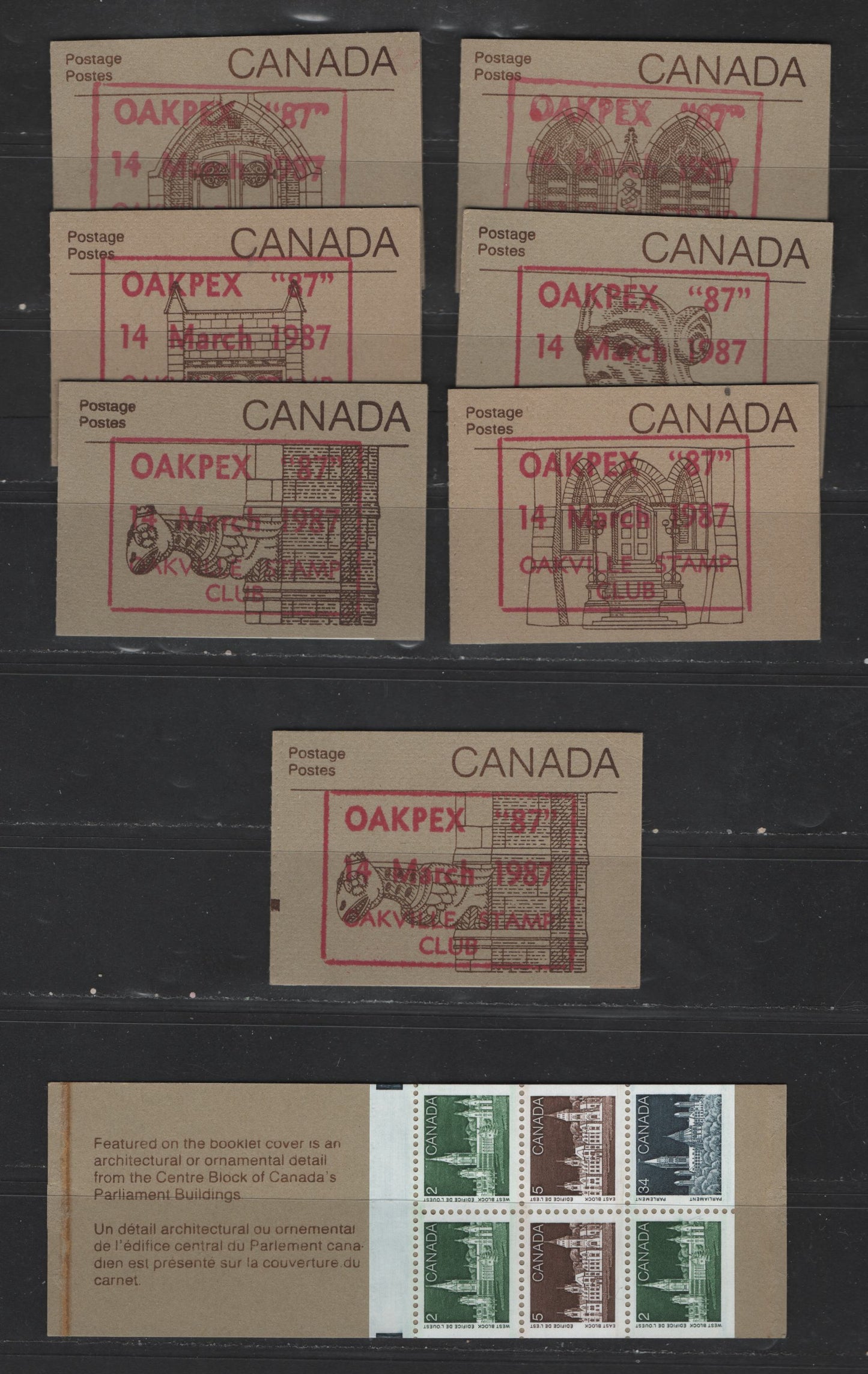 Lot 352 Canada #BK88var 2c, 5c, 34c Parliament Buildings, 1982-1987 Artifacts & National Parks Issue, 8 VFNH Complete Booklets With Panes On DF Rolland Paper, LF Rolland Covers, All With Oakpex '87 Overprints, Some Fluorescent, Incl. Counter, 7 Different