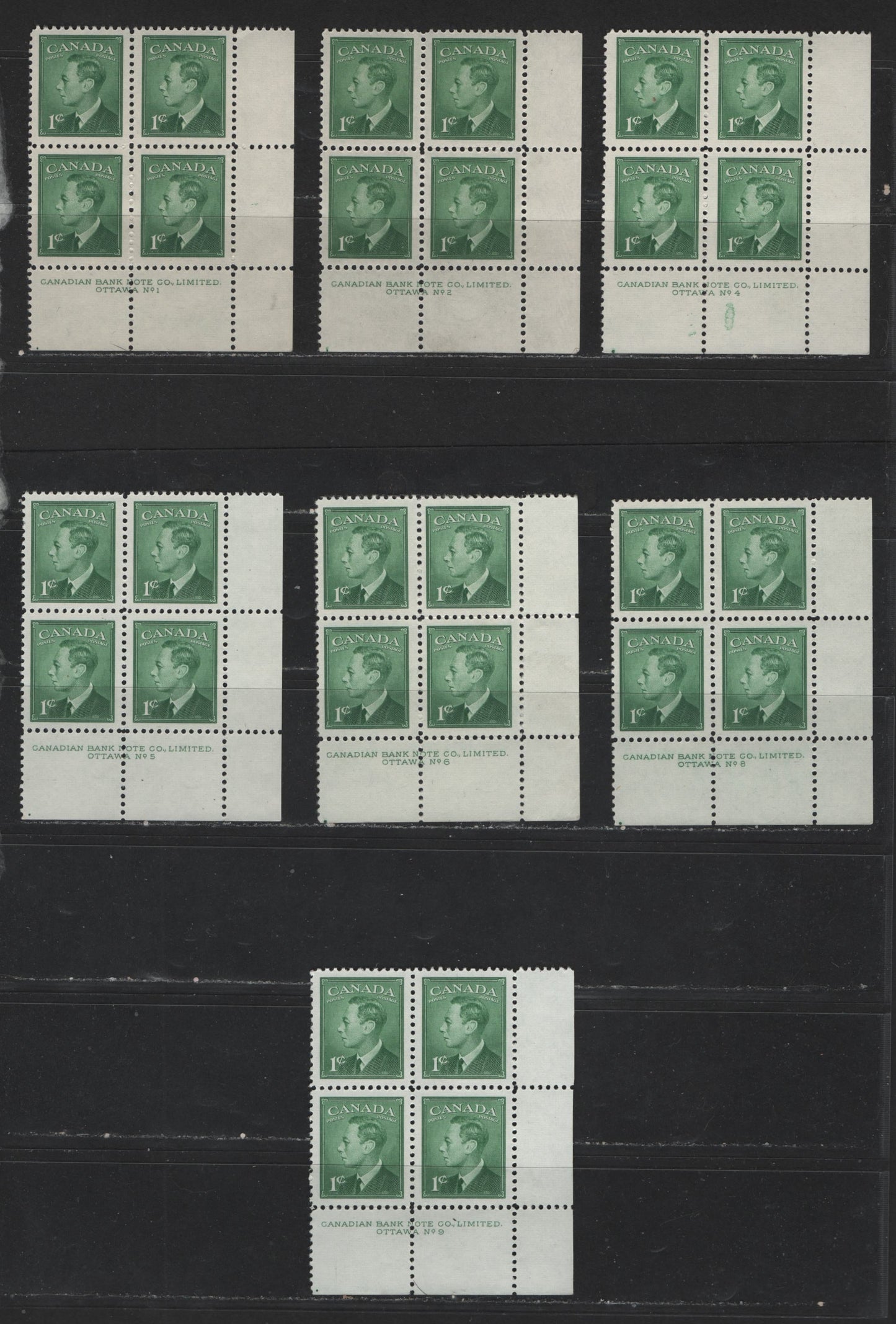 Lot 118 Canada #284 1c Green King George VI, 1949-1952 Postes-Postage Issue,  VFNH UL Plate Blocks Plates 1-2, 4-6, 8-9