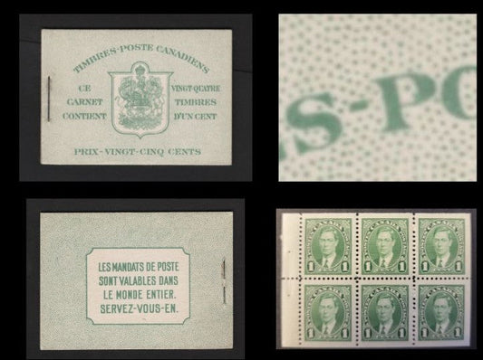 Canada SC#BK28b 1c Green King George VI, 1938-1942 Mufti Issue, A VFNH Complete Booklet Containing 4 Panes of 6, Paper/Gum Type CBN-N, French Covers, Harris Front Cover Type IIj, No Rate Page