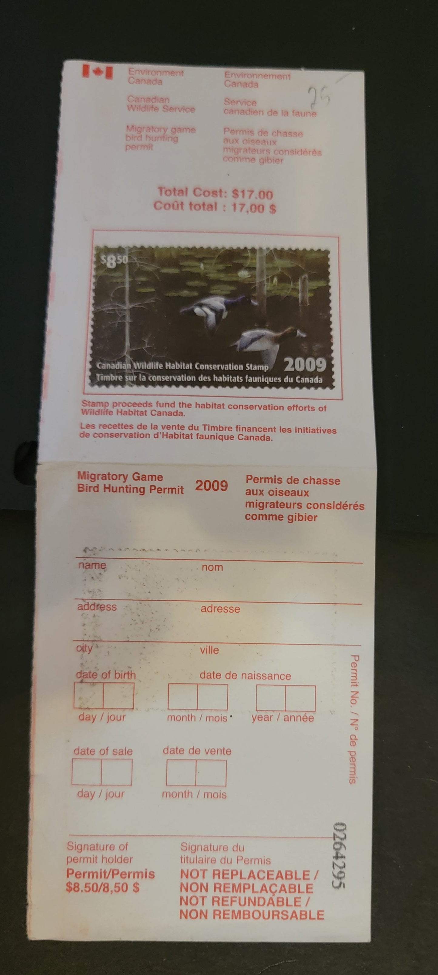 Lot 352 Canada  #FWH25 8.5 Multicoloured Lesser Scaup, 2009 Federal Wildlife Habitate Conservation Issue, A VF Used Single Used On Complete Licence Stamp On LF Paper