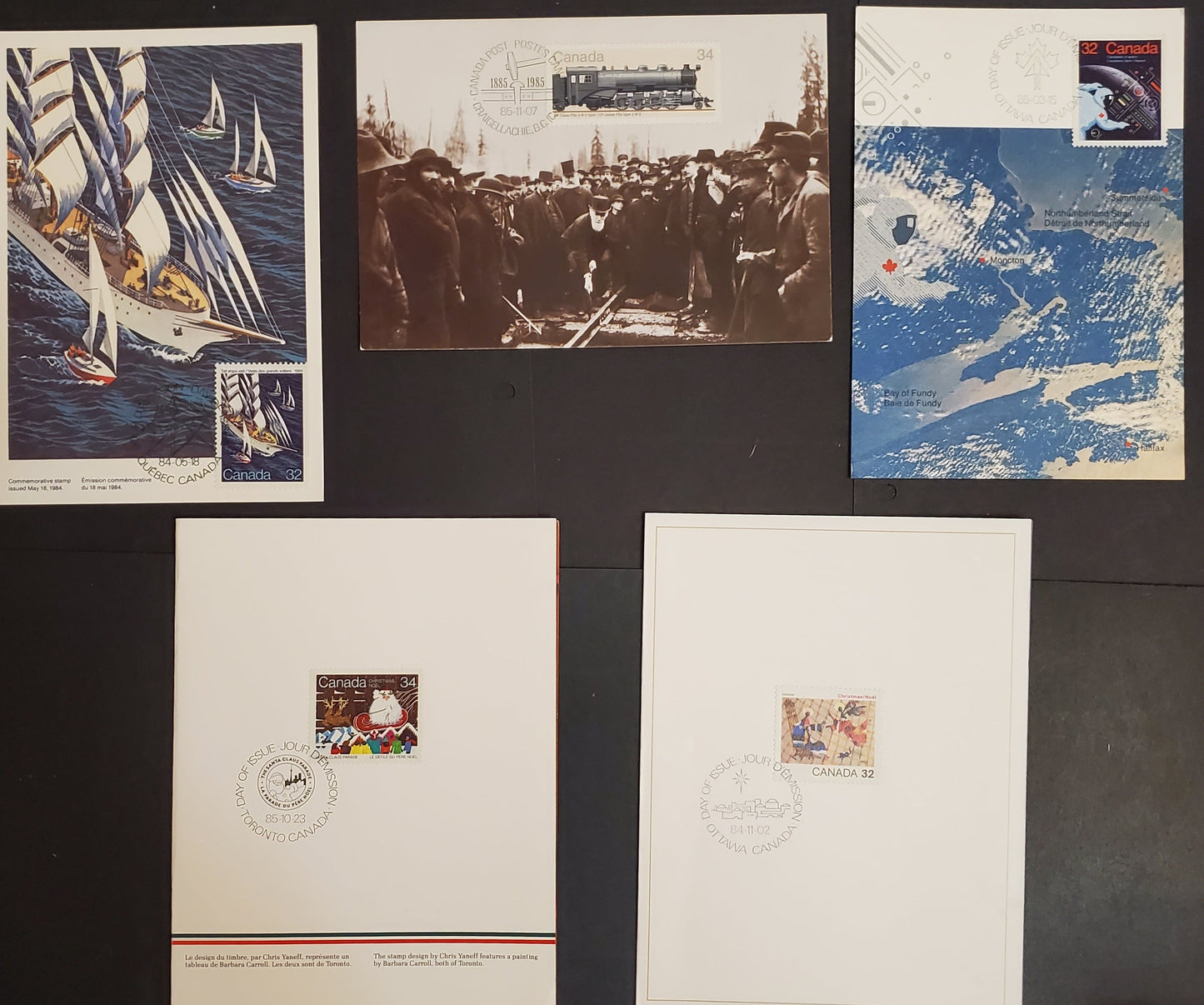 Canada #1012, 1040, 1046, 1072, 1067 32c & 34c Multicoloured Various Subjects, 1984-1985 Tall Ships Visit - Christmas Issues, 2 VF Canada Post Christmas Cards & 3 Maximum Cards All Franked With Singles, Tied By First Day Cancels