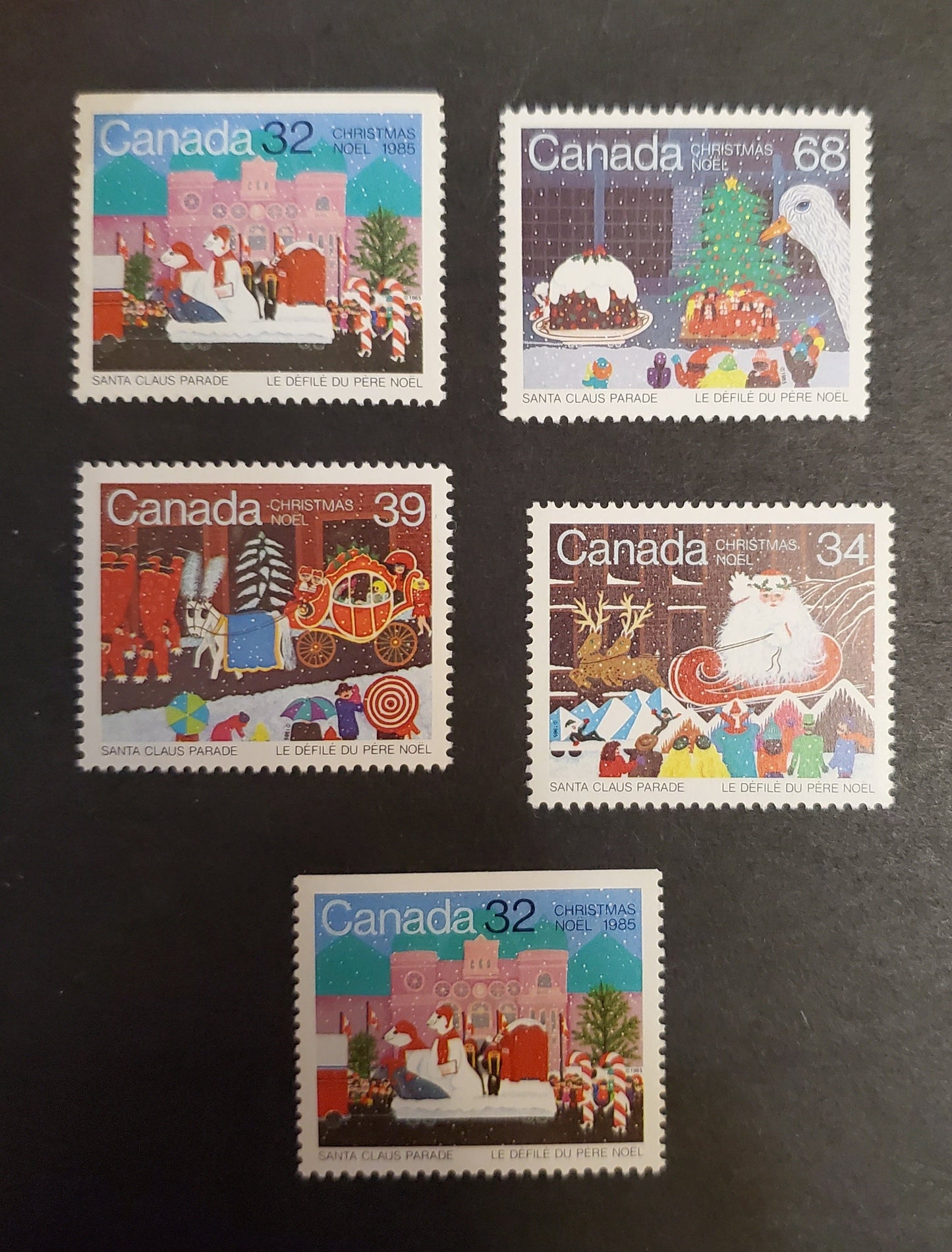 Canada #1067-1070 34c Multicoloured Santa Claus Parade Scenes, 1985 Christmas Issue, 5 VFNH Singles NF/DF & NF/NF Horizontal Ribbed Harrison Paper