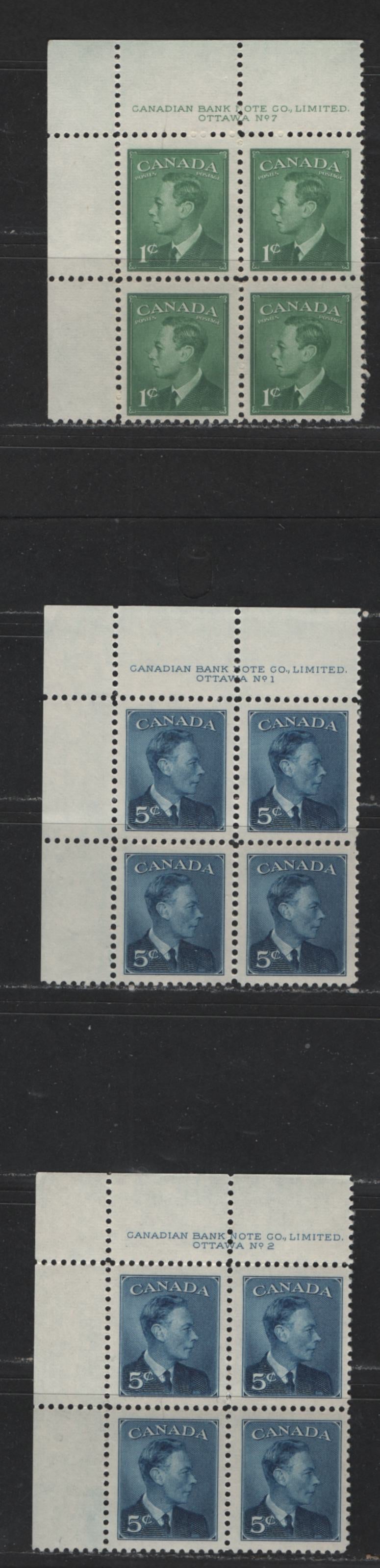 Lot 118 Canada #284, 293 1c, 5c Green & Deep Blue King George VI, 1949-1952 Postes-Postage Issue, 3 Fine & VFNH UL Plate Blocks Plates 1-2, 7