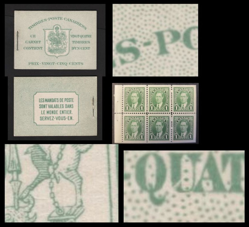 Lot 353 Canada SC#BK28b 1c Green King George VI, 1938-1942 Mufti Issue, A VFNH Complete Booklet Containing 4 Panes of 6, Paper/Gum Type CBN-N, French Covers, Harris Front Cover Type IIj, No Rate Page, Break In Unicorn's Leg & Broken "U" of Quatre