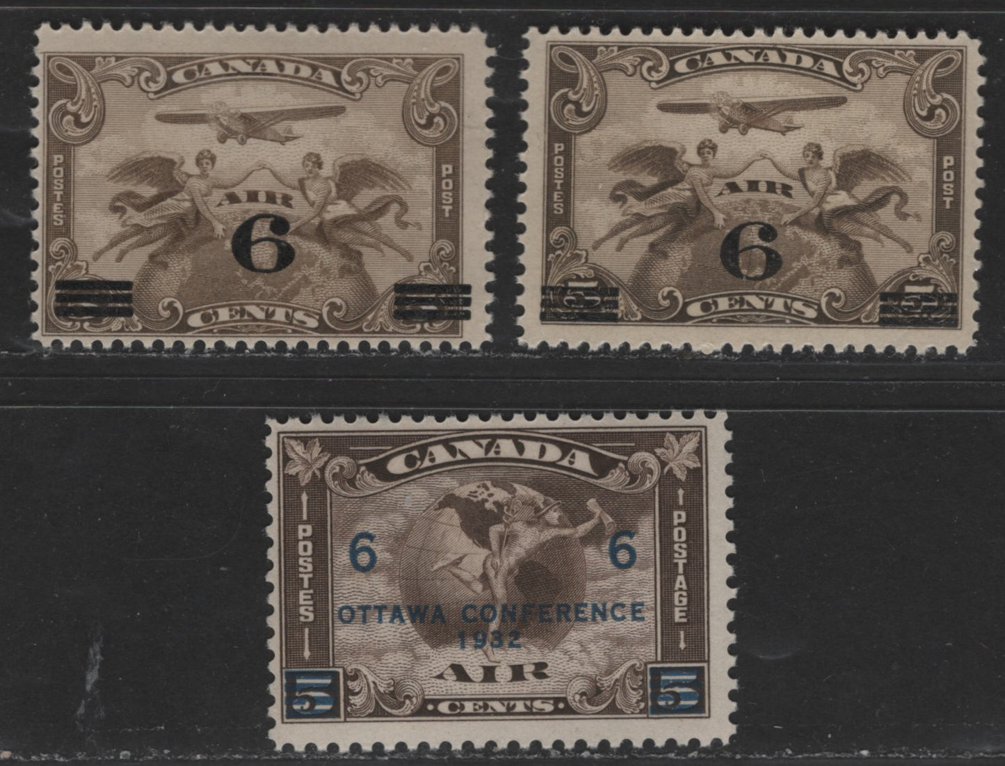 Lot 354 Canada #C3-C4 6c on 5c Brown Olive & Pale Brown Olive Winged Figures & Globe And Mercury, 1932 Surcharged & Ottawa Conference Airmail Issues, 3 Fine  NH Singles