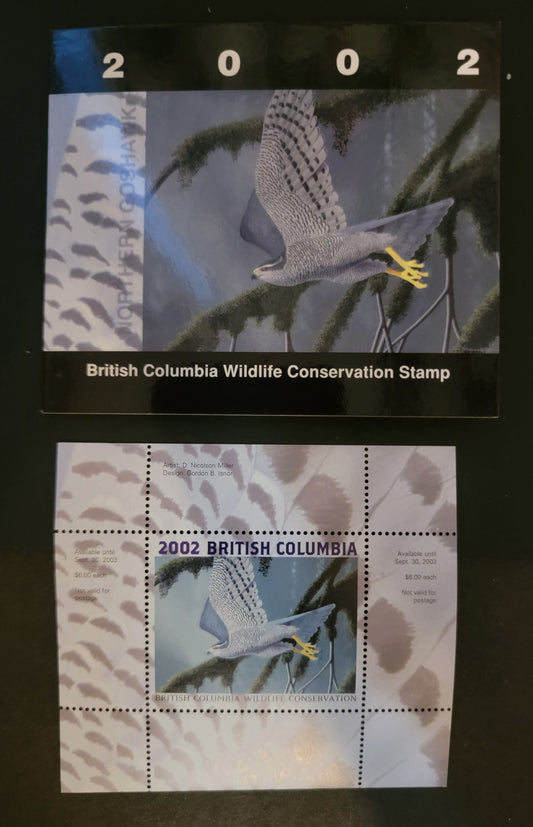 Lot 354 Canada - Province of British Columbia #BCC8  Multicoloured Northern Goshawk, 2002 British Columbia Conservation Fund Issue, A VFNH Miniature Sheet Of 1 On HB Paper