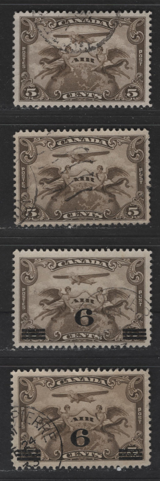 Lot 355 Canada #C1, C3 5c, 6c on 5c Brown Olive & Pale Brown Olive Winged Figures & Globe, 1928-1932 Scroll Issue & Surcharged Airmail Issues, 4 VF Used Singles