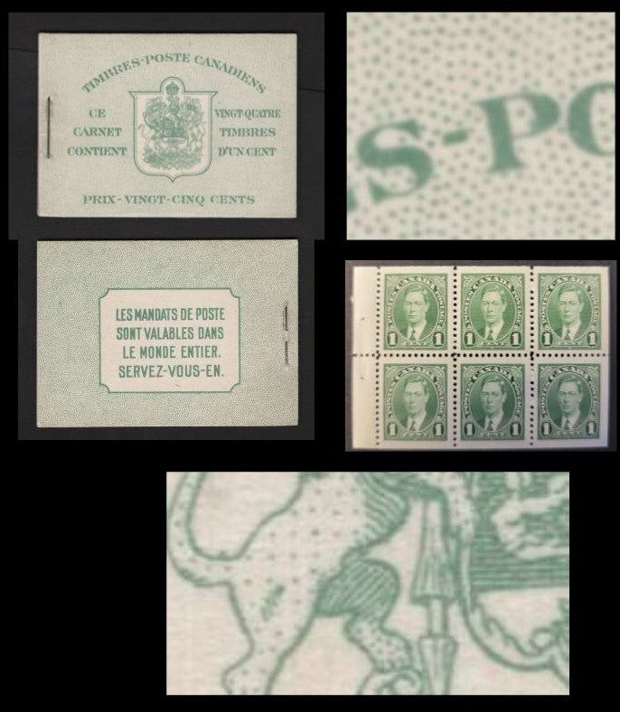 Lot 355 Canada SC#BK28b 1c Green King George VI, 1938-1942 Mufti Issue, A VFNH Complete Booklet Containing 4 Panes of 6, Paper/Gum Type CBN-N, French Covers, Harris Front Cover Type IIj, No Rate Page, Dot Above Base Of Lion's Tail (Constant Variety)