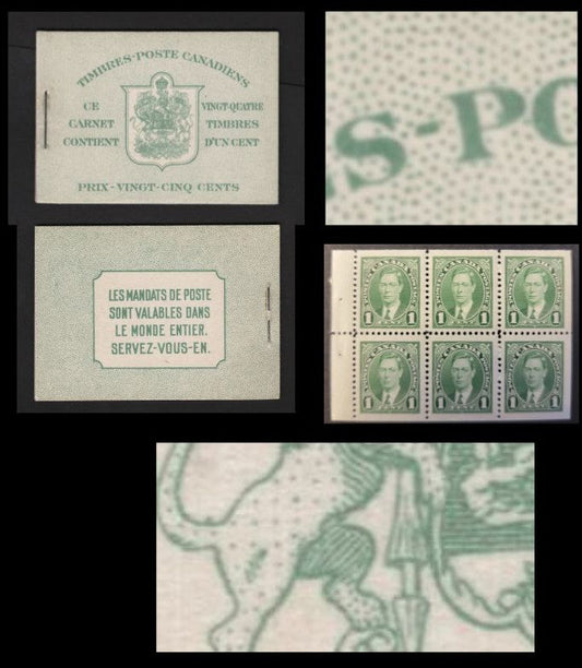 Lot 355 Canada SC#BK28b 1c Green King George VI, 1938-1942 Mufti Issue, A VFNH Complete Booklet Containing 4 Panes of 6, Paper/Gum Type CBN-N, French Covers, Harris Front Cover Type IIj, No Rate Page, Dot Above Base Of Lion's Tail (Constant Variety)