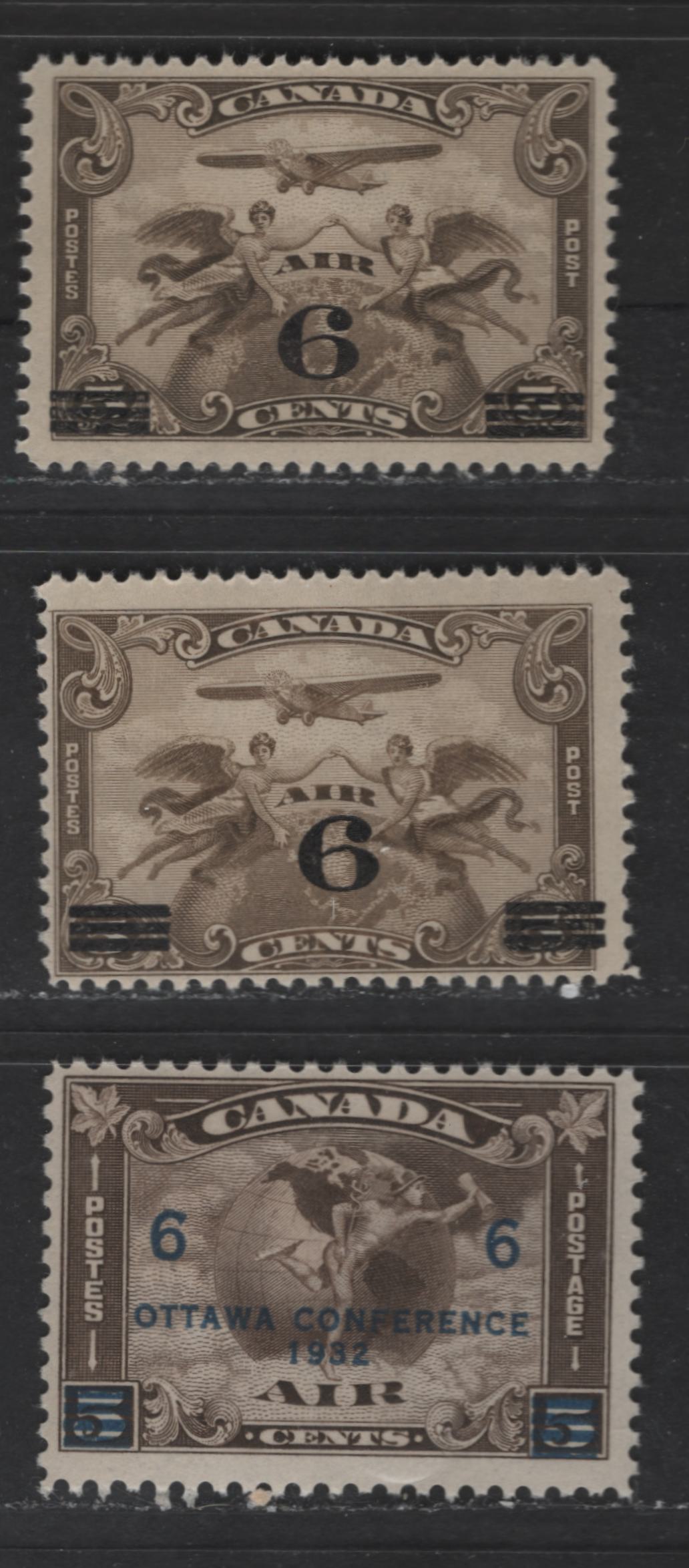 Lot 110 Canada #C3-C4 6c on 5c Olive Brown & Pale Olive Brown Winged Figures & Mercury, 1932 Surcharged & Ottawa Conference Airmail Issues, 3 Fine NH Singles