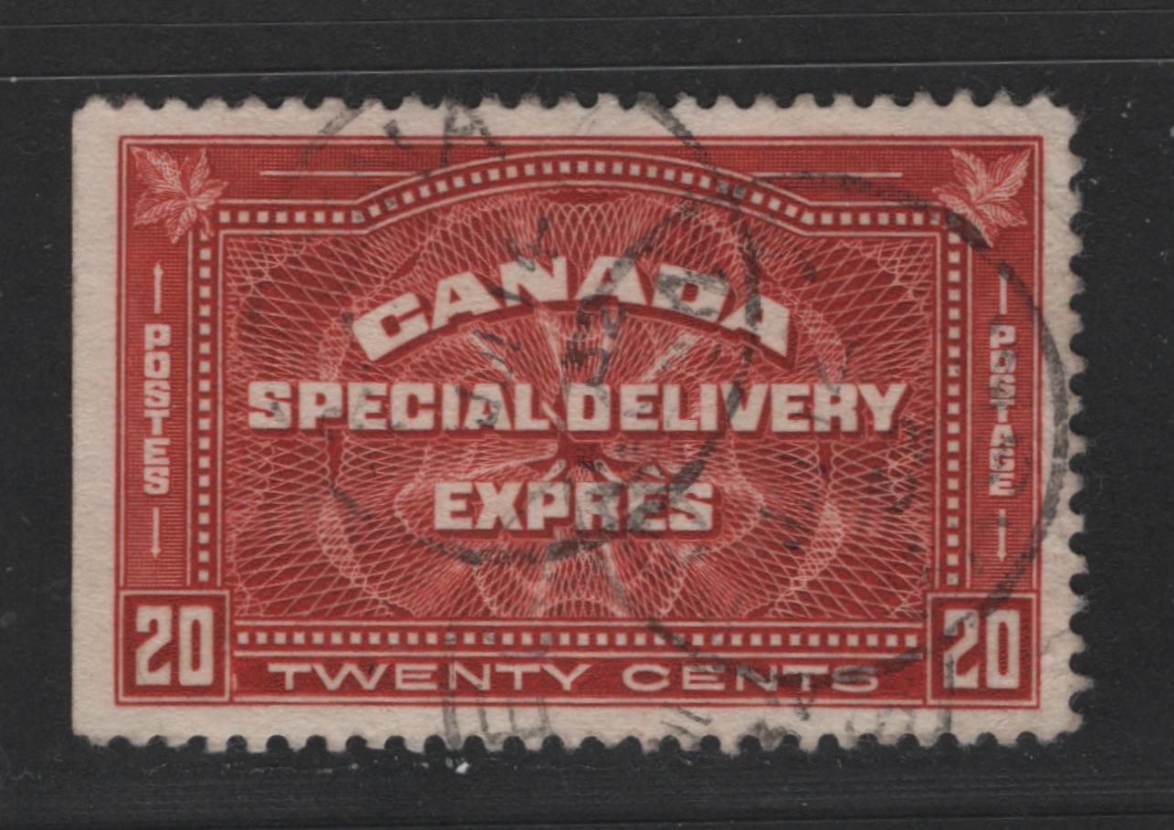 Canada #E4 20c Dull Brownish Vermilion Engine Turned Pattern, 1930-1932 Arch Issie, A Fine Used Single Beautifully Centered, Small Die Flaw At LL, Very Tiny Corner Crease At LR
