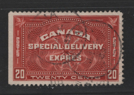 Canada #E4 20c Dull Brownish Vermilion Engine Turned Pattern, 1930-1932 Arch Issie, A Fine Used Single Beautifully Centered, Small Die Flaw At LL, Very Tiny Corner Crease At LR