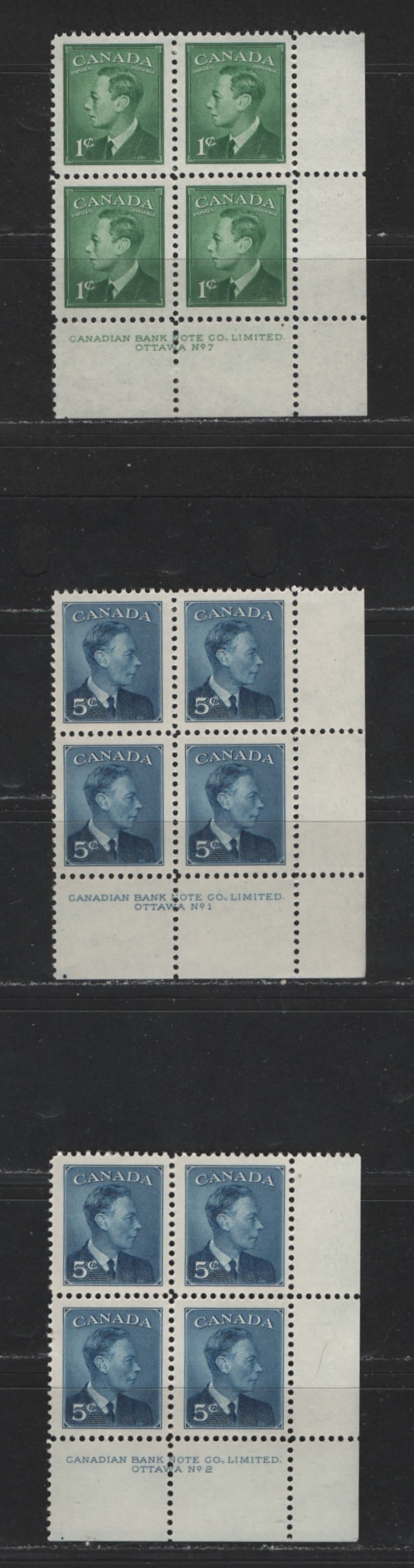 Lot 119 Canada #284, 293 1c, 5c Green & Deep Blue King George VI, 1949-1952 Postes-Postage Issue, 3 Fine & VFNH LR Plate Blocks Plates 1-2, 7