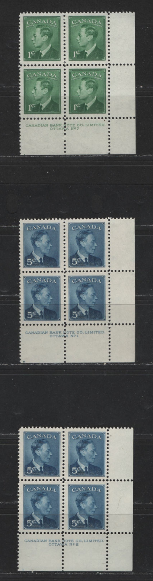Lot 119 Canada #284, 293 1c, 5c Green & Deep Blue King George VI, 1949-1952 Postes-Postage Issue, 3 Fine & VFNH LR Plate Blocks Plates 1-2, 7