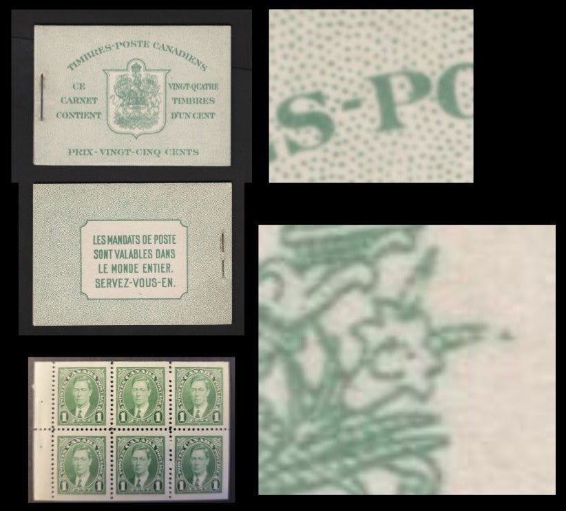 Canada SC#BK28b 1c Green King George VI, 1938-1942 Mufti Issue, A VFNH Complete Booklet Containing 4 Panes of 6, Paper/Gum Type CBN-N, French Covers, Harris Front Cover Type IIj, No Rate Page, Broken Stamen Of Right Flower (Constant Variety)