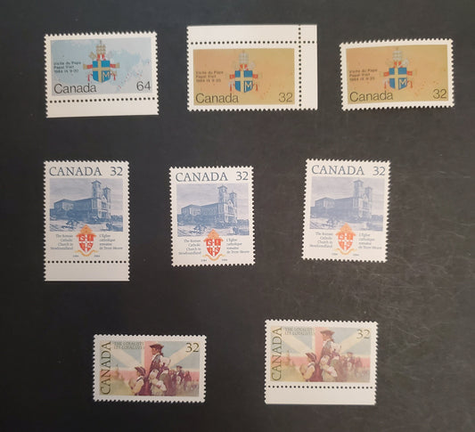 Canada  1028-1031 32c &64c Multicoloured Various Designs, 1984 United Empire Loyalists - Papal Visit Issues, 8 VFNH Singles NF/NF, NF/DF1, NF/DF2 & NF/LF3 Clark, And LF/DF1 & DF/DF1 Harrison Papers