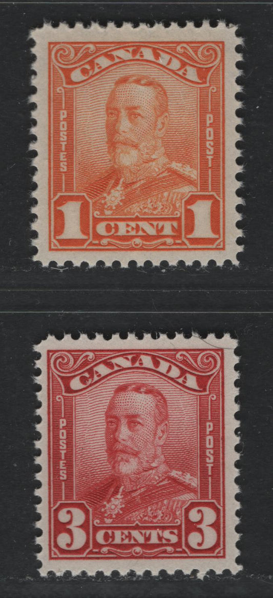 Lot 47 Canada #149, 151 1c, 3c Orange & Carmine Red King George V, 1928-1929 Scroll Issue, 2 VFNH Singles