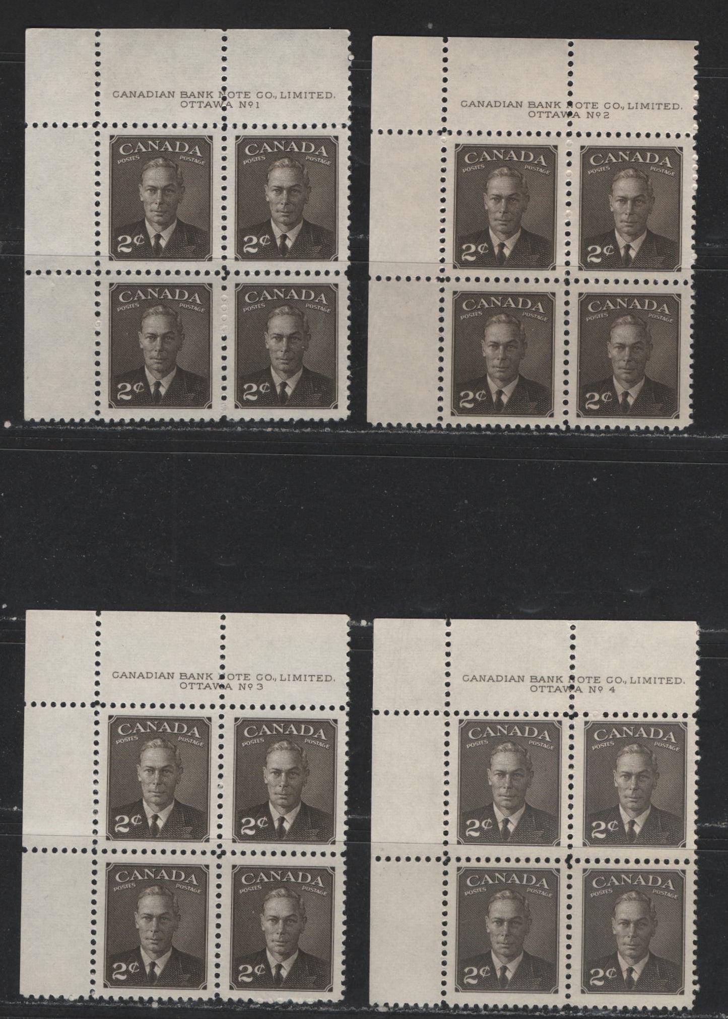 Lot 119 (C) Canada #285 2c Sepia King George VI, 1949-1952 Postes-Postage Issue, 4 VFNH UL Plate Blocks Plates 1-4