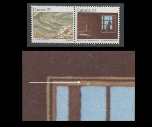 Lot 357 Canada #979avar 32c Multicoloured Laurie Conan & E.J. Pratt , 1983 Authors Issue, A VFNH Horizontal Se-Tenant Pair, With Green Dot On Mirror Frame Variety From Unknown Position, NF/NF Paper
