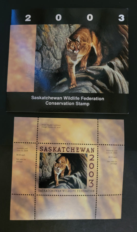 Lot 357 Canada - Province of Saskatchewan #SW14  Multicoloured Mountain Lion, 2003 Saskatchewan Wildlife Conservation Issue, A VFNH Miniature Sheet Of 1 On HB Paper