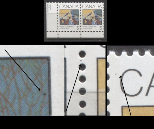 Lot 357 Canada #870var 15c Multicoloured Christmas Morning, 1980 Christmas Issue, A VFNH LL Horizontal Pair, Black Dot In Trees (Pos. 47), Between Stamps & To Left Of Canada, DF1/DF1 Paper, Possibly Tertiary